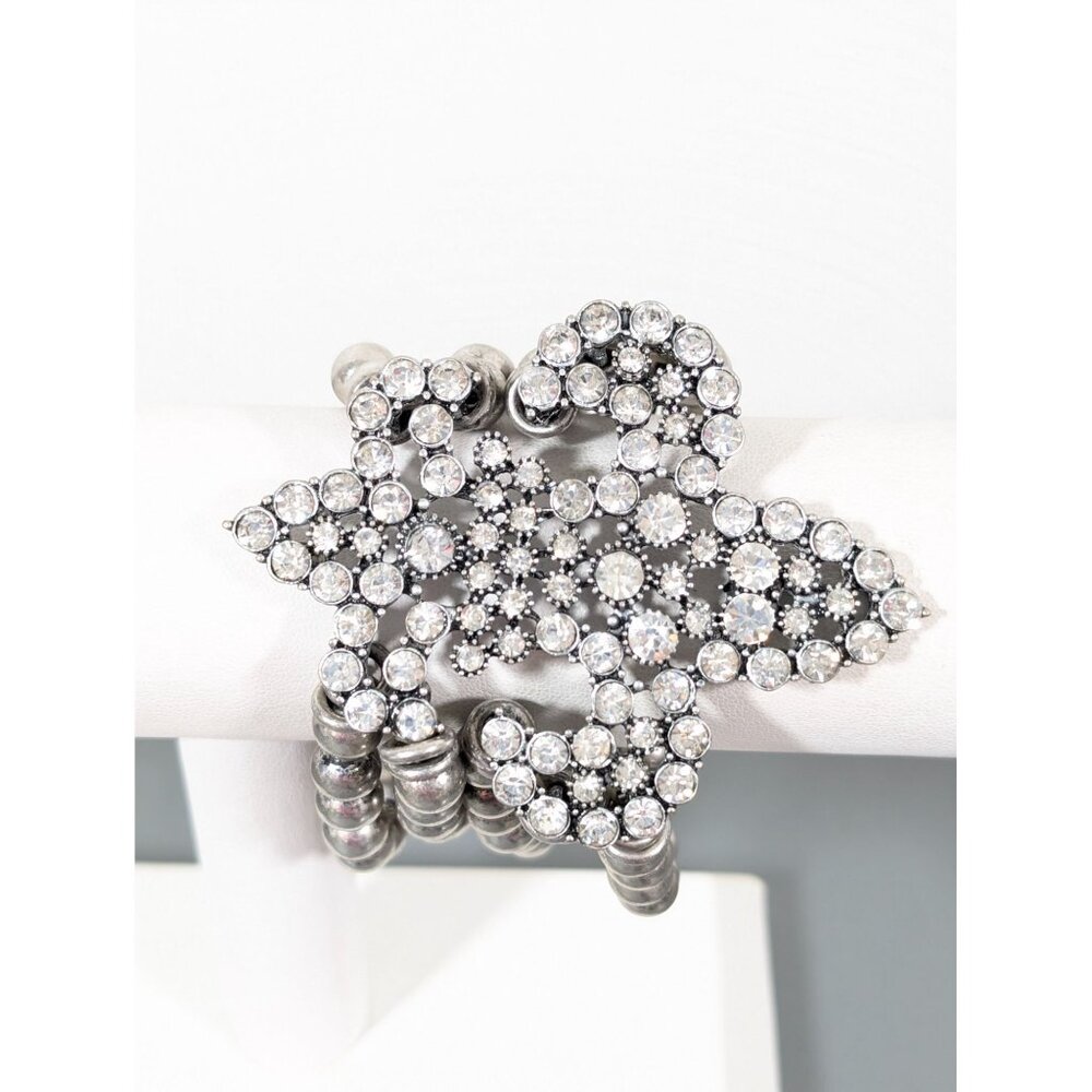 Silver Tone Fleur De Lis Rhinestone Five Row Bead Statement‎ Bracelet 7"